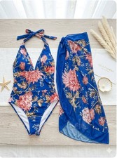 Floral 1-Piece Swimsuit with Matching Sheer Sarong Cover-Up Set LARGE