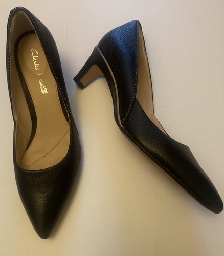Clarks cushion plus black leather court shoe Pointed toe Gold trim side size 6 D - Afbeelding 2 van 19