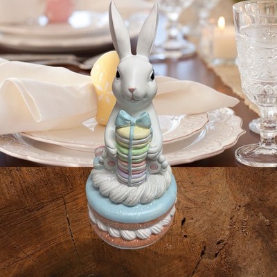 White Bunny Rabbit Sitting on Macaron Cake Candy Easter Pastel Spring Decor New