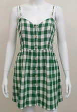 Reformation women Sz 12 buffalo plaid sun dress 100% linen fit flare Green White