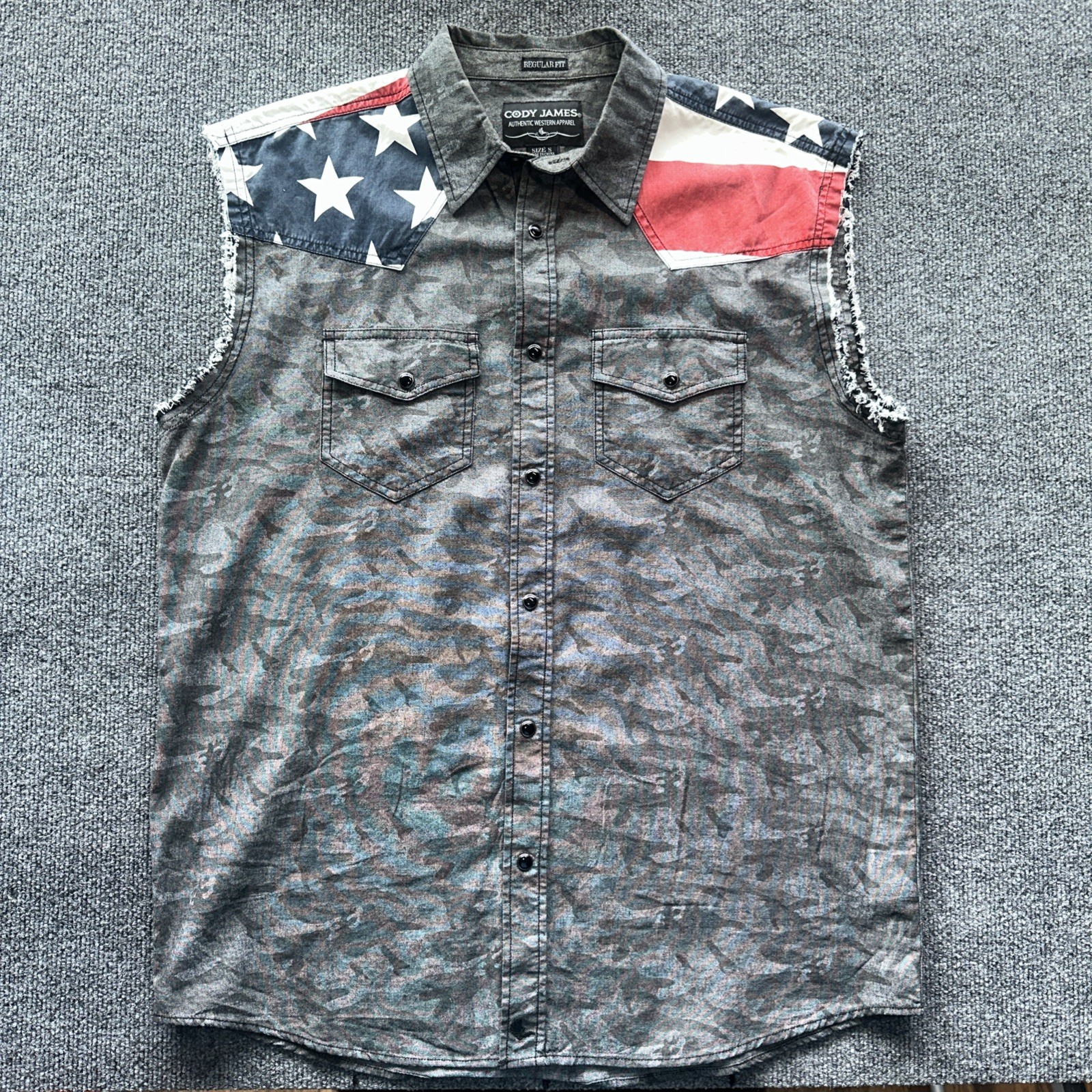 Cody James Pearl Snap Shirt Mens S Small Camo USA Flag Cutoff American Patriotic
