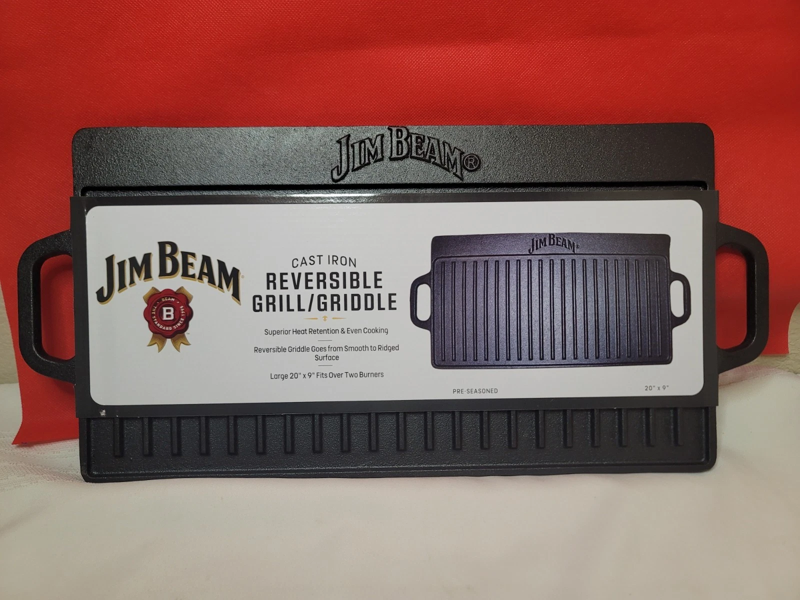 Jim Beam Reversible Grill / Griddle Pre-Seasoned Cast Iron Large 20" x 9" NEW