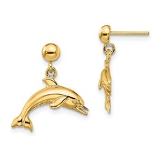 14k Yellow Gold Jumping Dolphin Post Drop  Dangle Earrings L-17.8 mm, W-7.4 mm