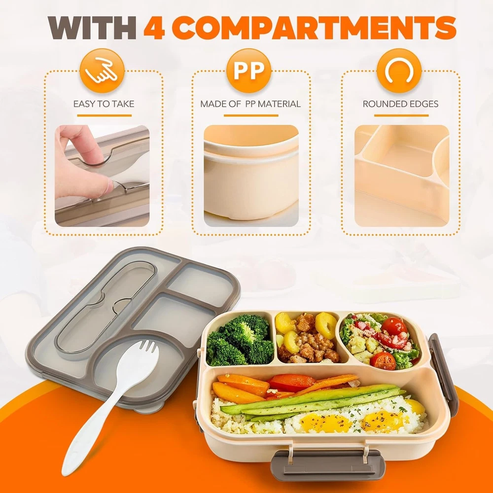 Bento Box Adult Lunch Box 4 Compartments Bento Style Lunchbox Portable Cream