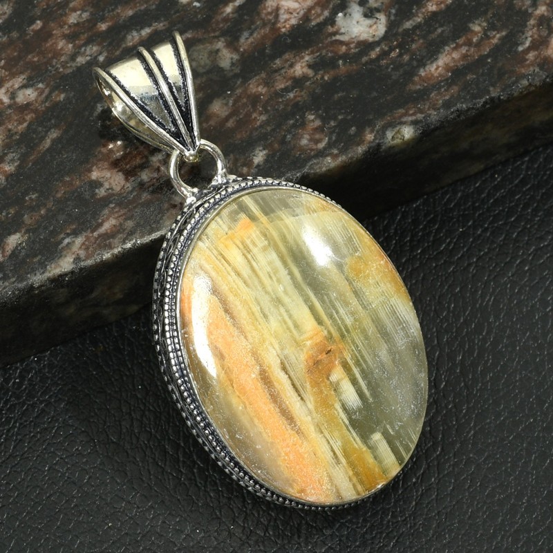 Yellow Lace Agate Gemstone Ethnic Antique Design Pendant Jewelry 2.32" AP-49247