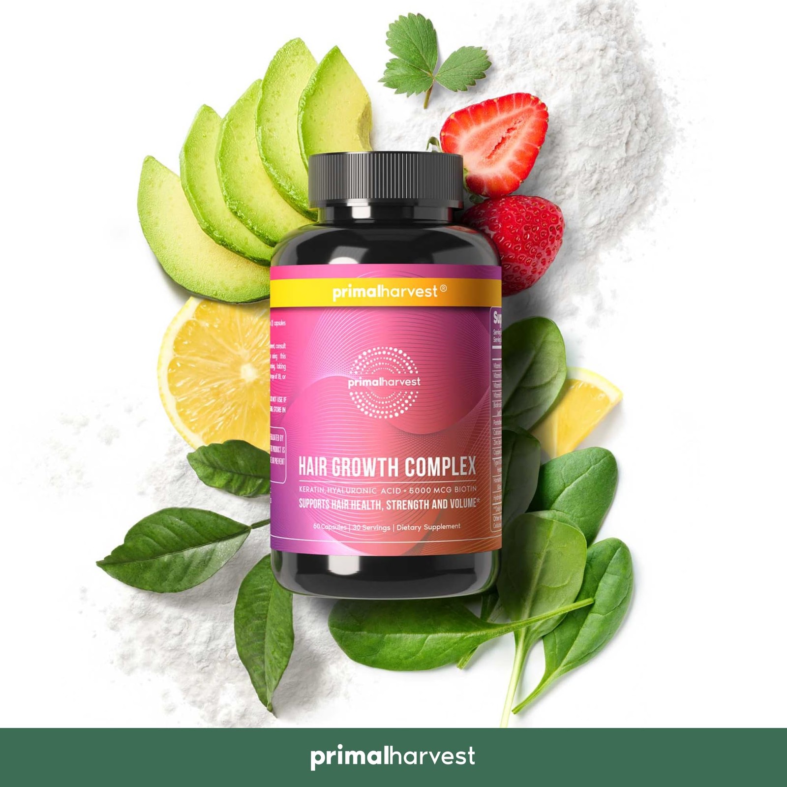 Primal Harvest Hair Vitamins – 60 Biotin & Zinc Pills for Women & Men Hair Growt