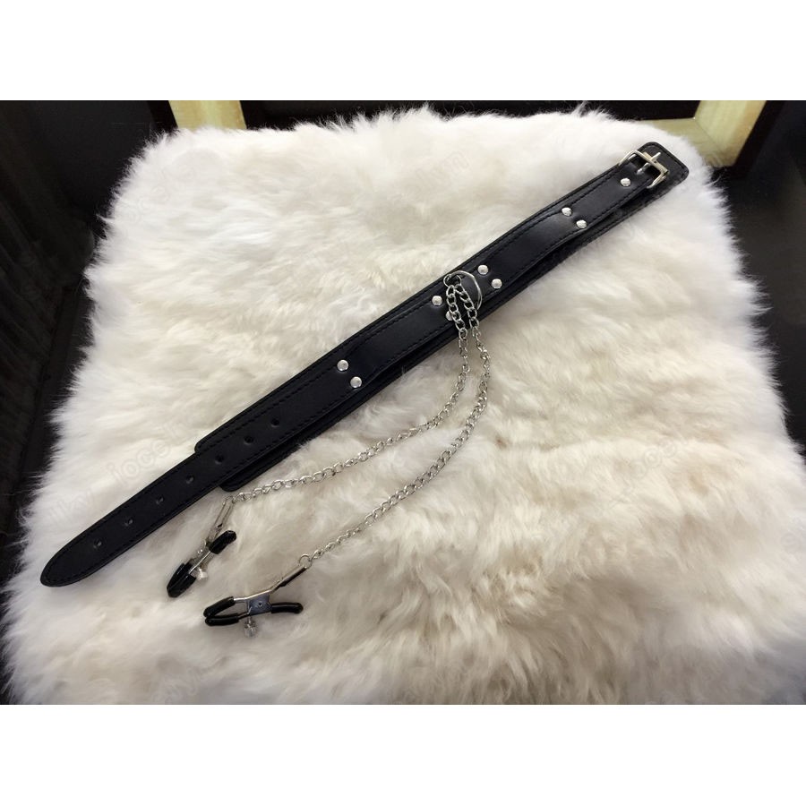 Bondage SM Neck Collar with Breast Clamps Torture Clip Iron Chain BDSM for Women