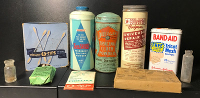 LOT OF VTG ADVERTISING TIN CANS PAPER BOXES BOTTLES POWDER BAND AIDS ETC!