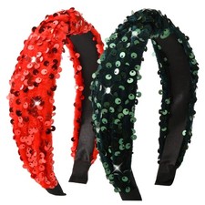 2Pcs Christmas Headbands Sparkly Knotted Headbands Red Green Glitter Christma...