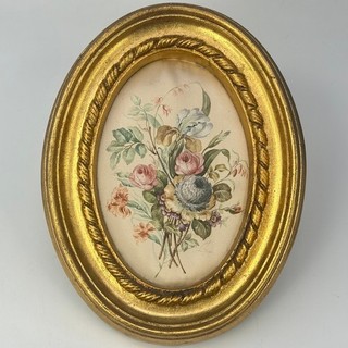 Piccola placca ovale vintage francese da parete stampa floreale con cornice colore oro