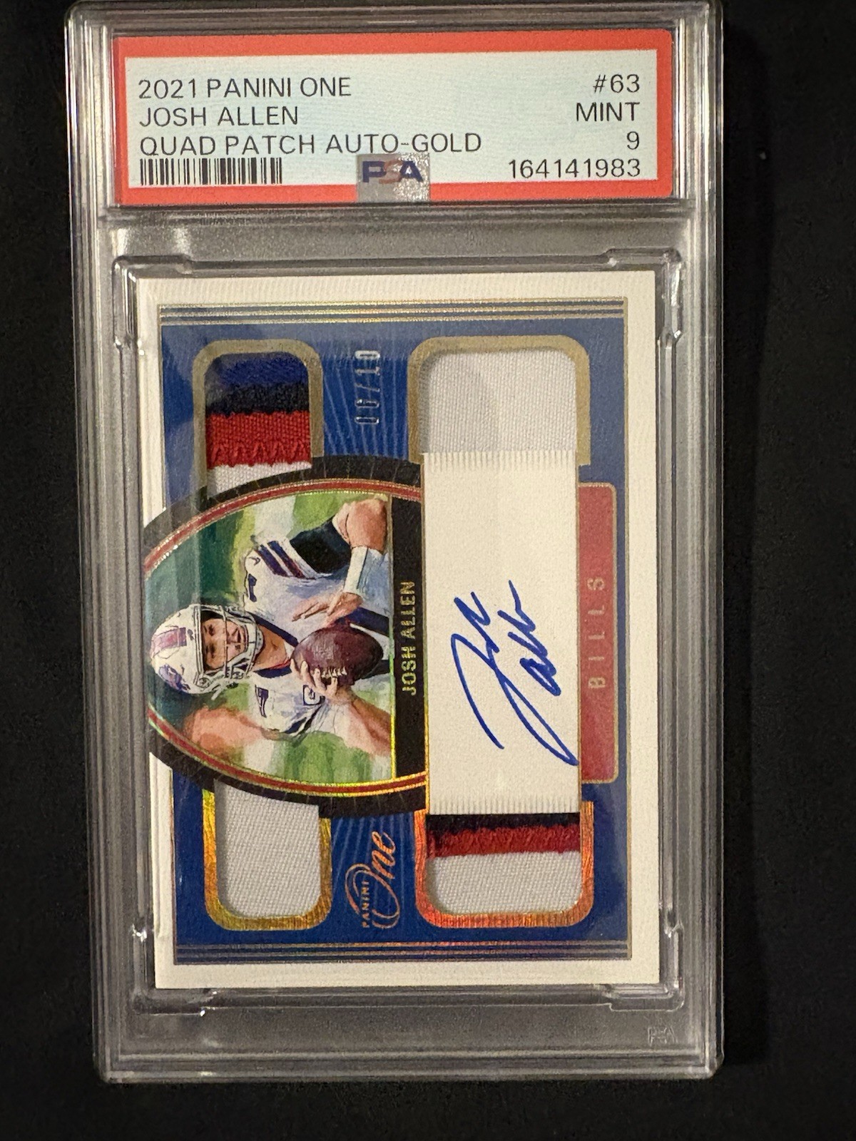 Josh Allen Buffalo Bills Quad Patch AUTO Gold 6/10 2021 Panini One PSA 9 POP 1 view 2