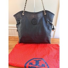 Tory Burch Marion Large Slouchy Tote Black Pebbled Leather Whipstitch