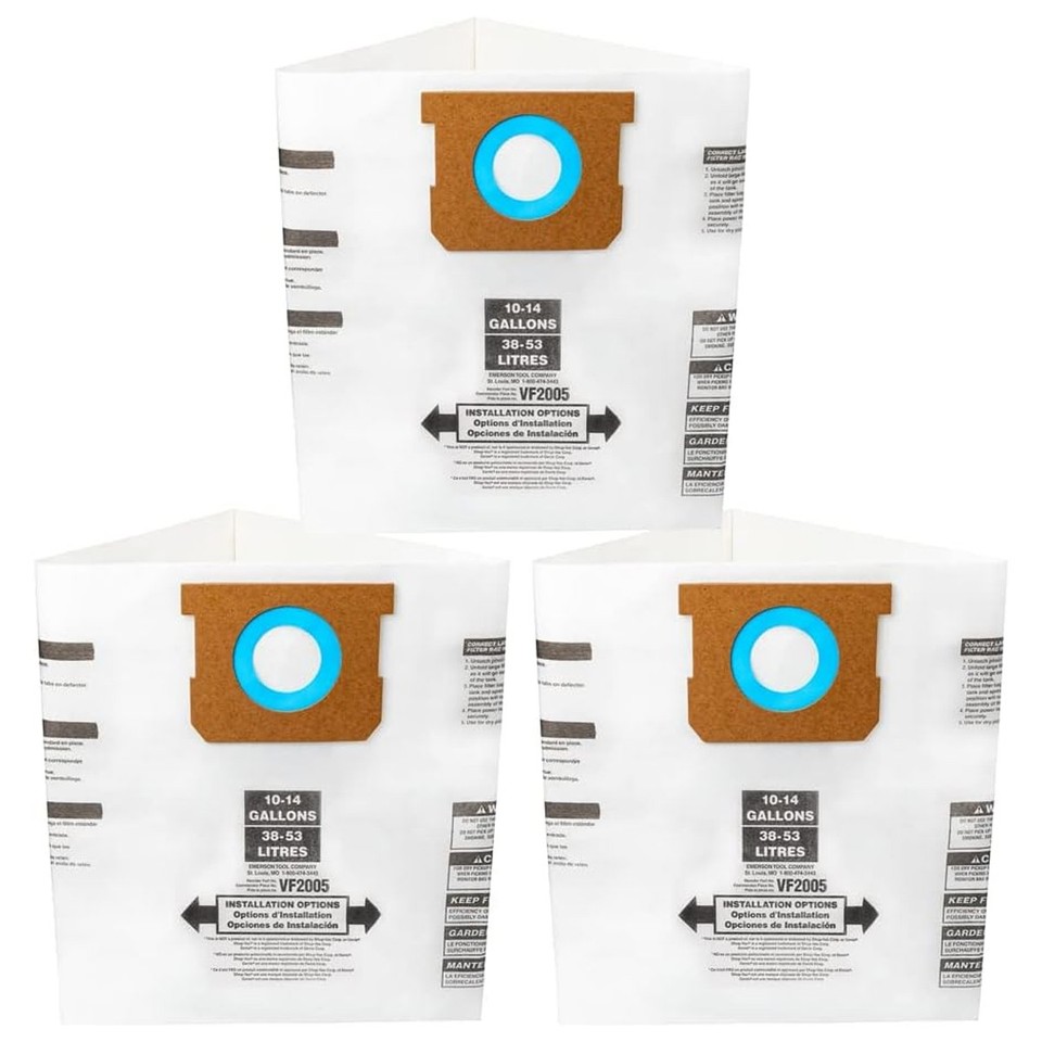 90662 3-15 Pack VF2005 Vaccum Bag For Shop Vac Bags 10-14 Gallon Type F/I ...
