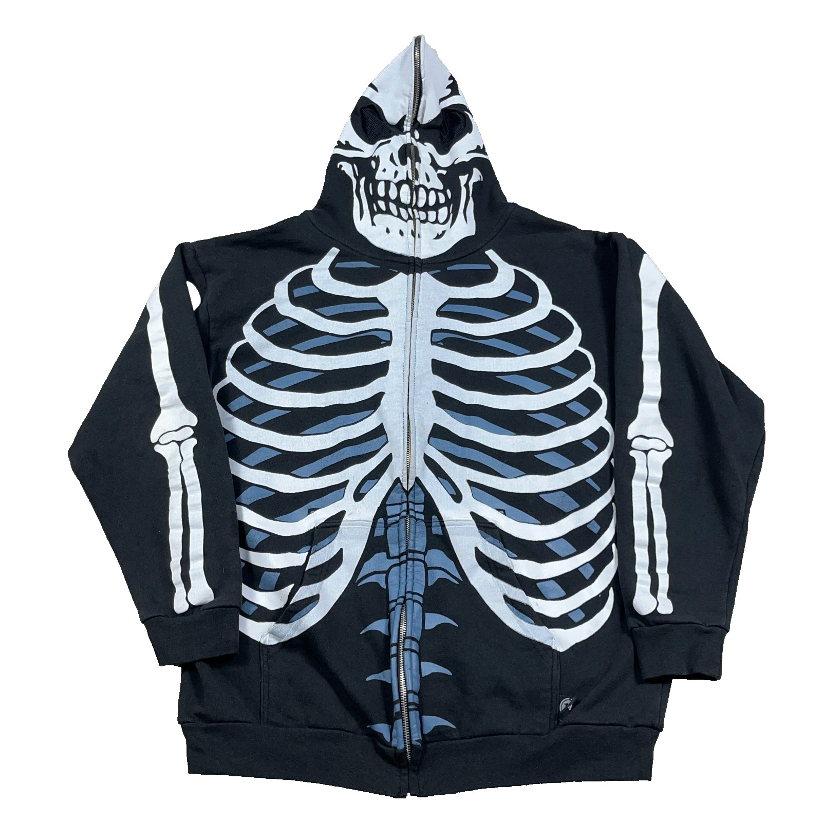 Vintage Y2K Hybird Hoodie Men XL Black AOP Skeleton Bones Ma