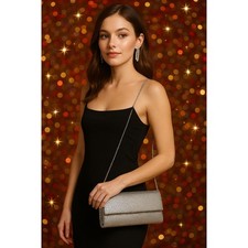 Silver Beaded Mesh Envelope Clutch Purse Evening Bag Chain Strap EUC