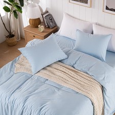 Light Blue Super Soft Duvet Cover Queen Size, 3 Pieces Washed Microfiber Cott...