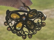 Vintage Butterfly Hair Pin Amber Rhinestone Costume Jewelry Accessory Gold Tone
