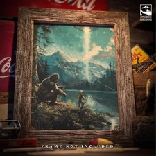 Sasquatch Bigfoot Art Print  UFO Alien Artwork Fishing Cabin Wall Decor Gift