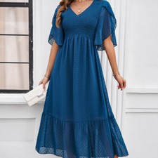 Ladies Flare Sleeve Dress Midi V-neck Ruffle Smocked Summer Beach Casual Dress