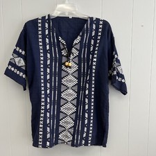 Mexican Guatemalan Peasant Boho Hippie Blouse Top Blue  White Embroidered M