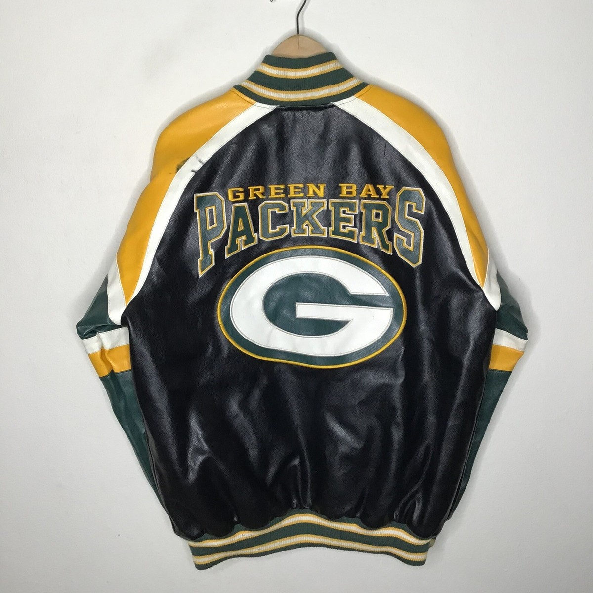 Nfl green bay packers full zip faux leather polyvinyl bomber
