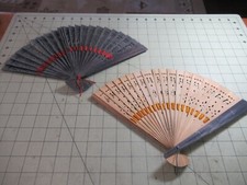 2 Vintage Chinese Asian Engraved Sandalwood Bamboo Wooden Hand Held Fan Folding