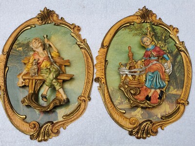 Vtg MCM 3D Italian Countryside Resin Canvas Wall Art Grandma Grandpa Blunderbuss