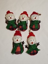 Set of 5 Red Buffalo Check Felt Snowman Ornaments with Taboggan 5.5"