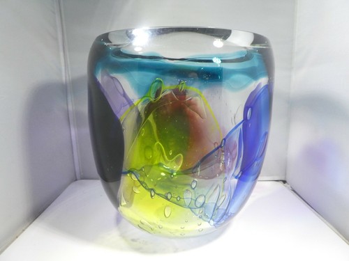 LARGE LEON APPLEBAUM MULTI COLORED HAND BLOWN ART GLASS VASE - Picture 3 of 6