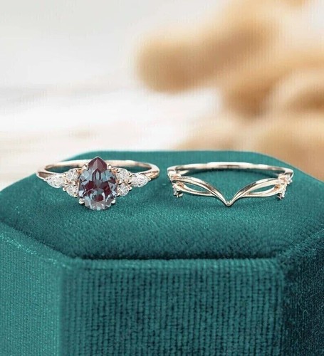 2Ct Pear Cut Lab-Created Alexandrite Bridal Engagement Ring 14K Rose Gold Plated - Picture 2 of 6