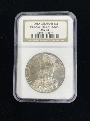 1901A Germany 5M Prussia WILHELM II Silver 5 Mark Coin Bicentennial NGC MS64,R1