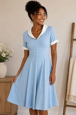 Blue Fit Flare Dress Gown Town Vintage Peter Pan Collar Midi L