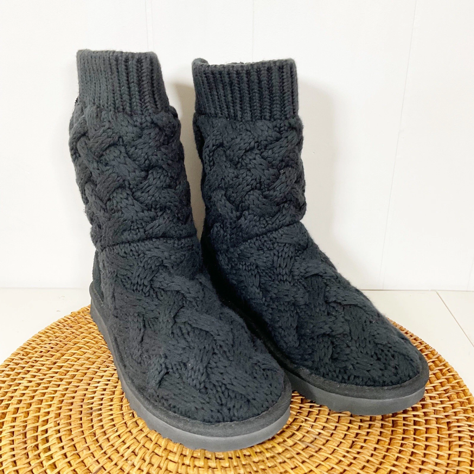 Stivali maglione Ugg Australia Isla nero tessuto maglia polpaccio alti stringati donna taglia 7