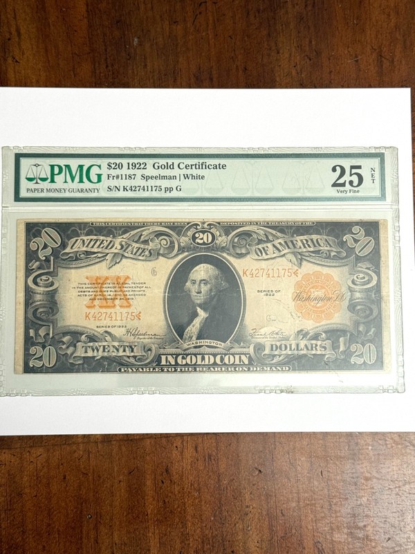 1922 $20 Gold Certificate Fr.1187- PCGS Very Fine 25 "BEAUTIFUL BILL"