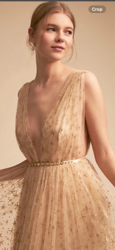 BHLDN Deep Plunge Champagne Gold Wedding/ Event Dress  Size 4 Altered  - Image 3 of 4