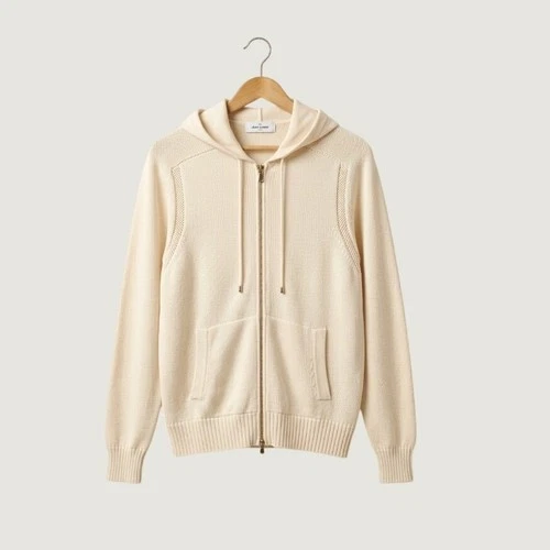 Gran Sasso Italy Women Cream 100% Cotton Full Zip Knit Hoodie Sweater Size M