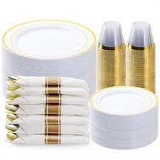 350PCS Gold Plastic Dinnerware Set, Disposable Party Plates for 50 Guests, In...