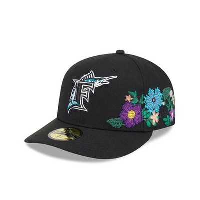 New Era 59Fifty Black Floral Florida Marlins Green Under Visor- NWT - 7 3/8