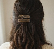 VTG Hair Barrettes Pair Black Gold Feather Design Mid Century Pinch Wire