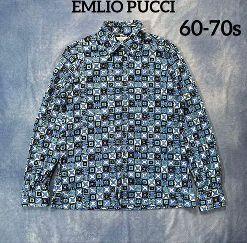 Emilio Pucci, Vintage 60s 70s Emilio Pucci Blue Nylon Long Sleeve Shirt M Iconic Print