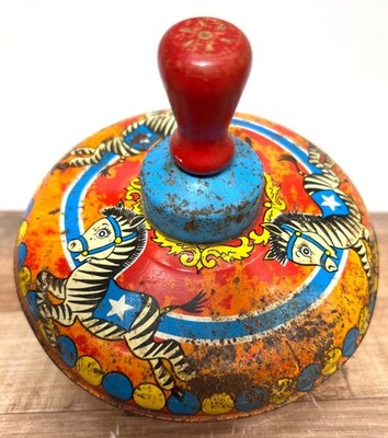 Vintage 1950s Ohio Art Co. Metal Spinning Top Toy With Zebra & Star Design