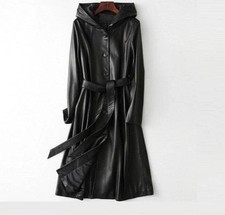 Women's Genuine Lambskin Leather Hooded attached long Ankle Coat All Size