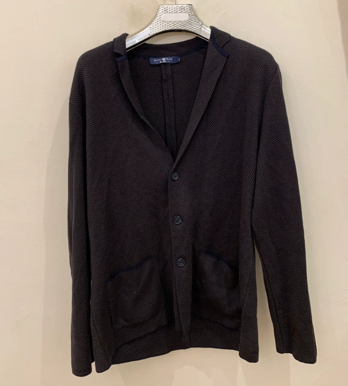 Classic unique wool blend brown blue herringbone jacket sweater 42L 42R L