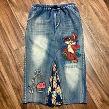Jing Pin Blue Denim Patchwork Maxi Skirt Floral Embroidery Elastic Waist XL