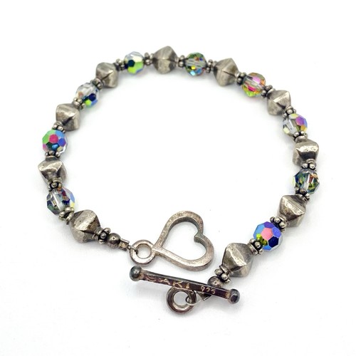 Vintage SAKI 925 Sterling Silver Toggle Bracelet Heart