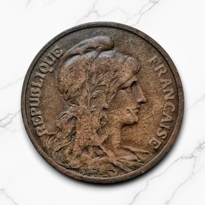 1908   France 5 Centimes - French Republic  - Bronze Coin - Free Shipping!