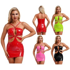 Women Skirts Sexy Nightwear Clubwear Dress Sleeveless Halter One Piece PU Pole