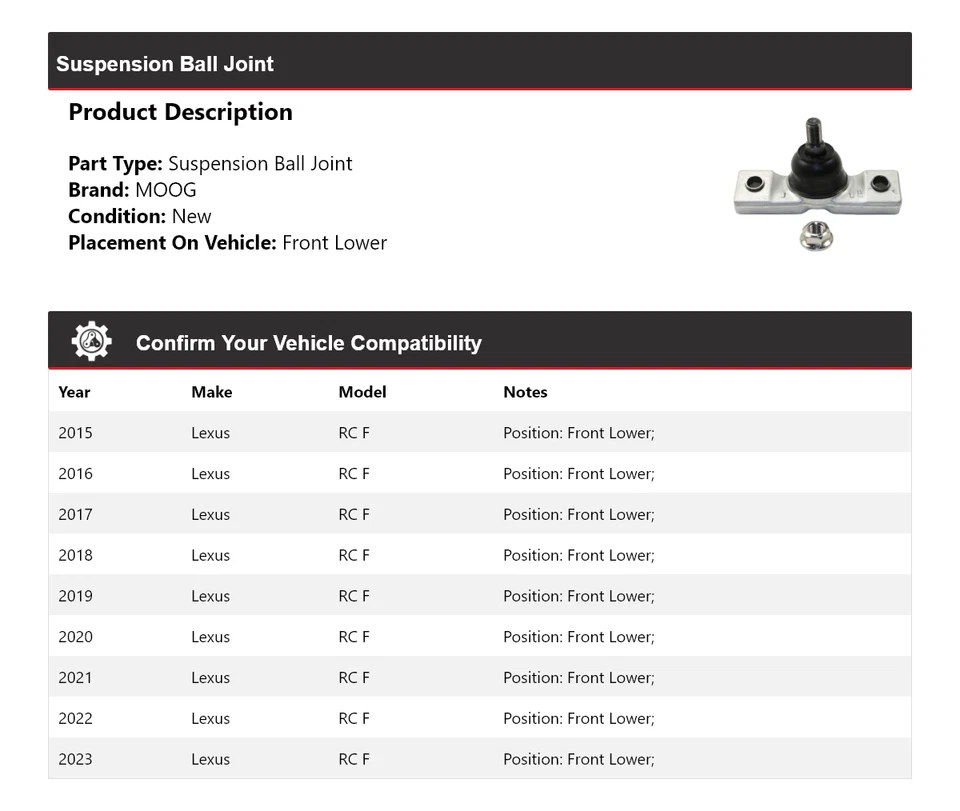 适用于 2015 - 2023 雷克萨斯 RC F 悬架球接头前下部 MOOG 2015 2016 2017 — 第 2/4 张图片