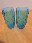 2 Vintage Anchor Hocking Quilted Madrid Diamond Aqua Blue 5 5/8” Tumbler Glass