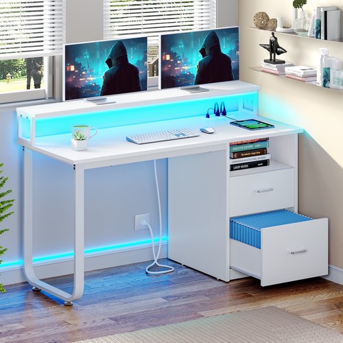 Dextrus 47" Computer Desk with Storage Drawers & LED Light, Office Desk